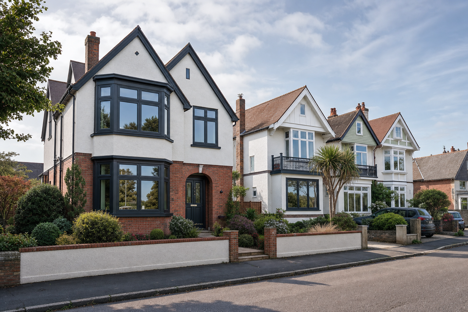 Elegant British houses with large windows and lush gardens line a sunny street.