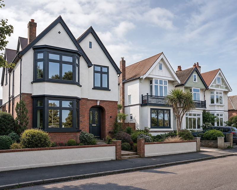 Elegant British houses with large windows and lush gardens line a sunny street.