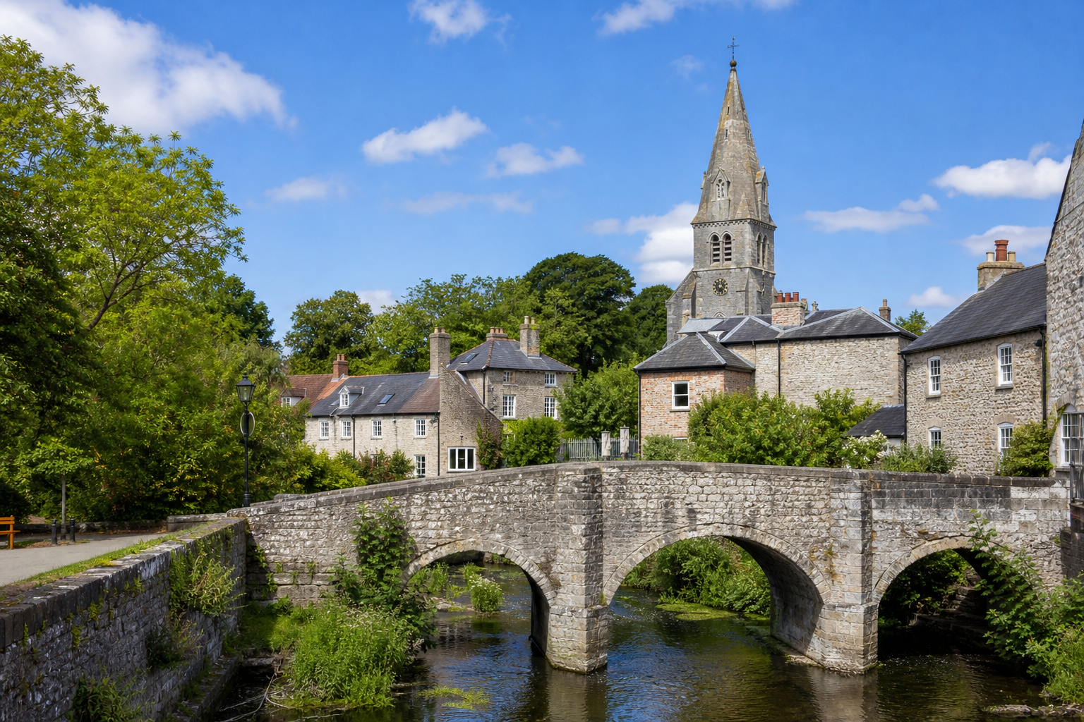 Stone bridge over a river with historic buildings and a church tower in the background.
