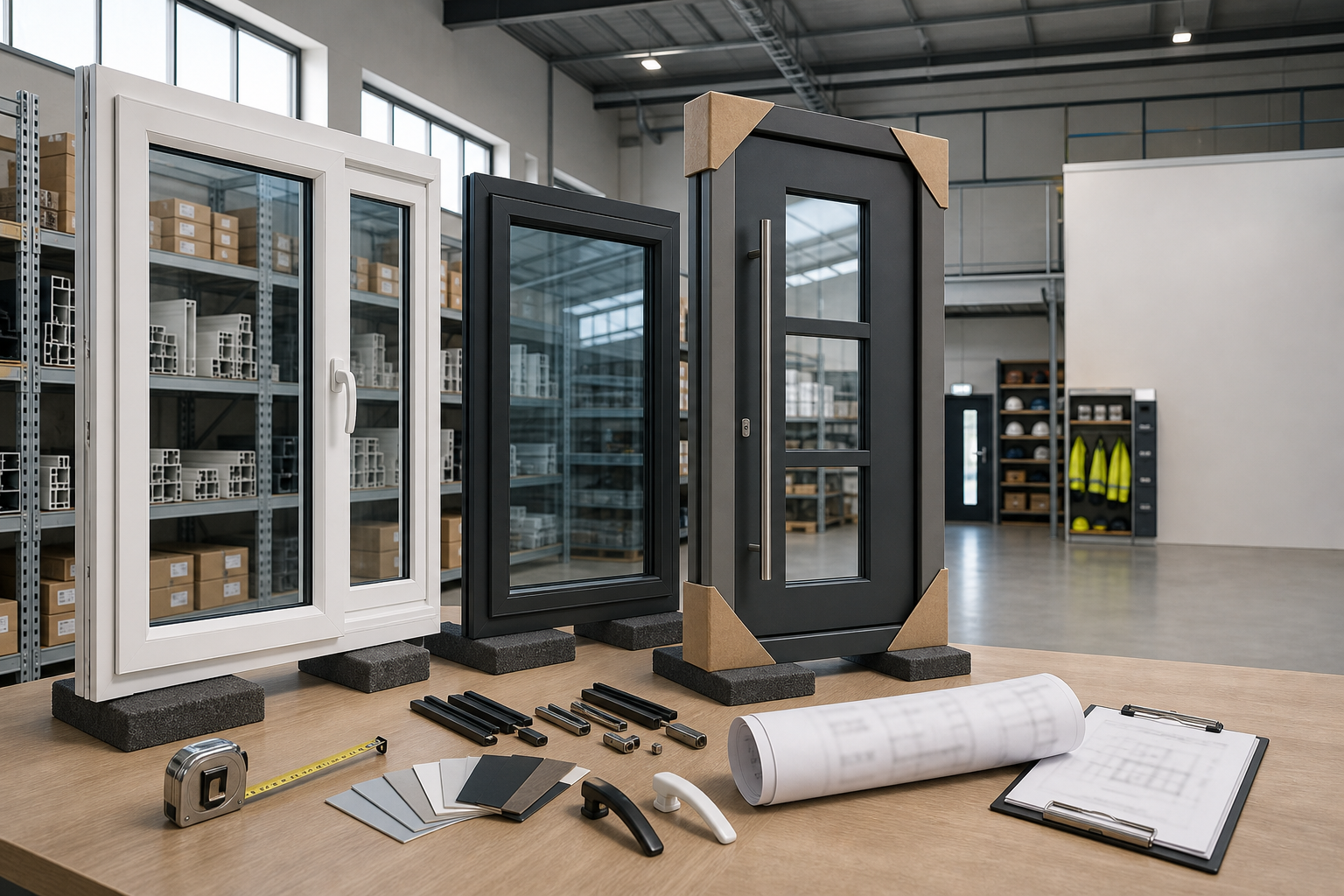 Three window and door samples displayed on a table with measuring tools and blueprints in a warehouse.