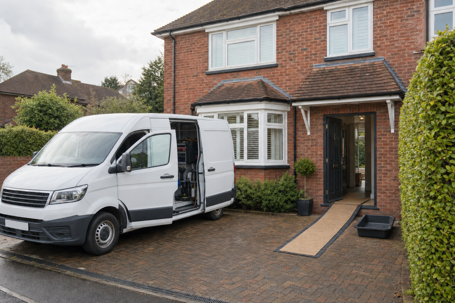 White van with open doors parked on a brick driveway outside a red brick house with an open front door.