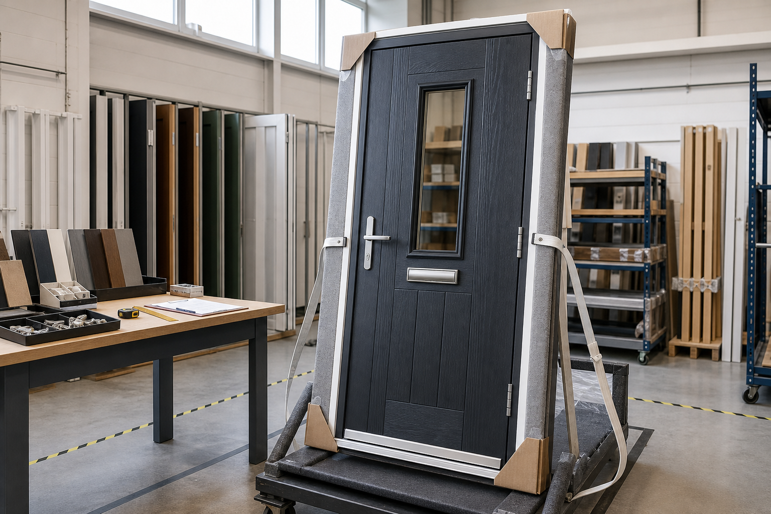 A dark blue front door on a dolly in a workshop, with sample materials on a nearby table.