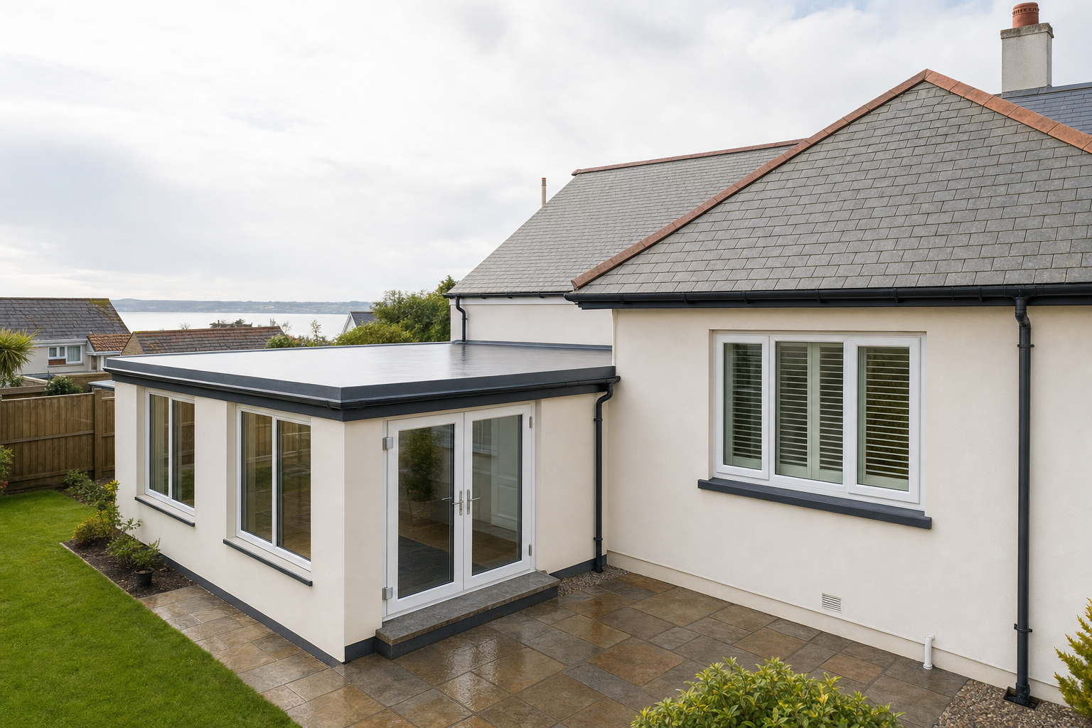 Modern single-storey house extension with large windows and a flat roof, surrounded by a patio and garden.