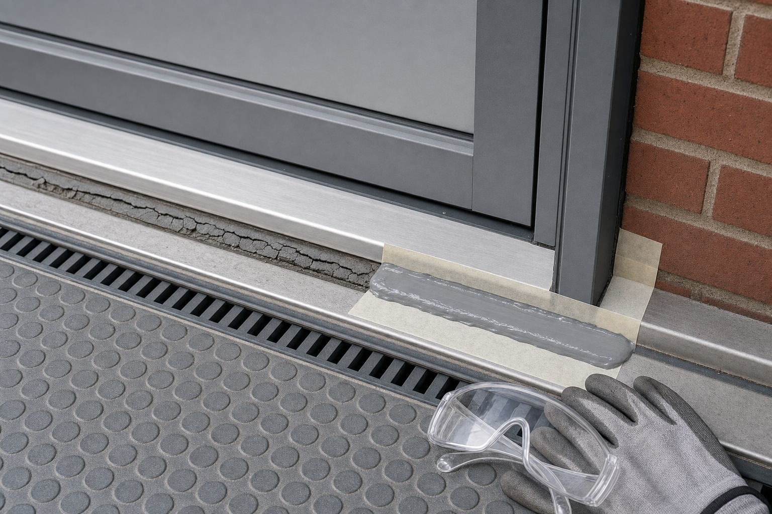 A close-up of a door threshold with a crack being repaired, featuring safety goggles and a glove on textured flooring.