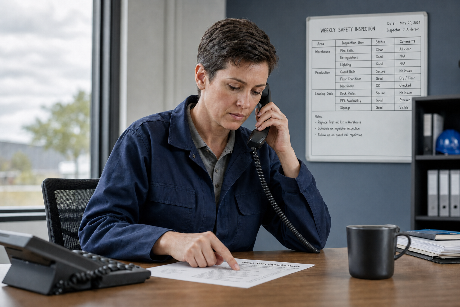 A person in a blue uniform discusses a safety inspection report on the phone at a desk.