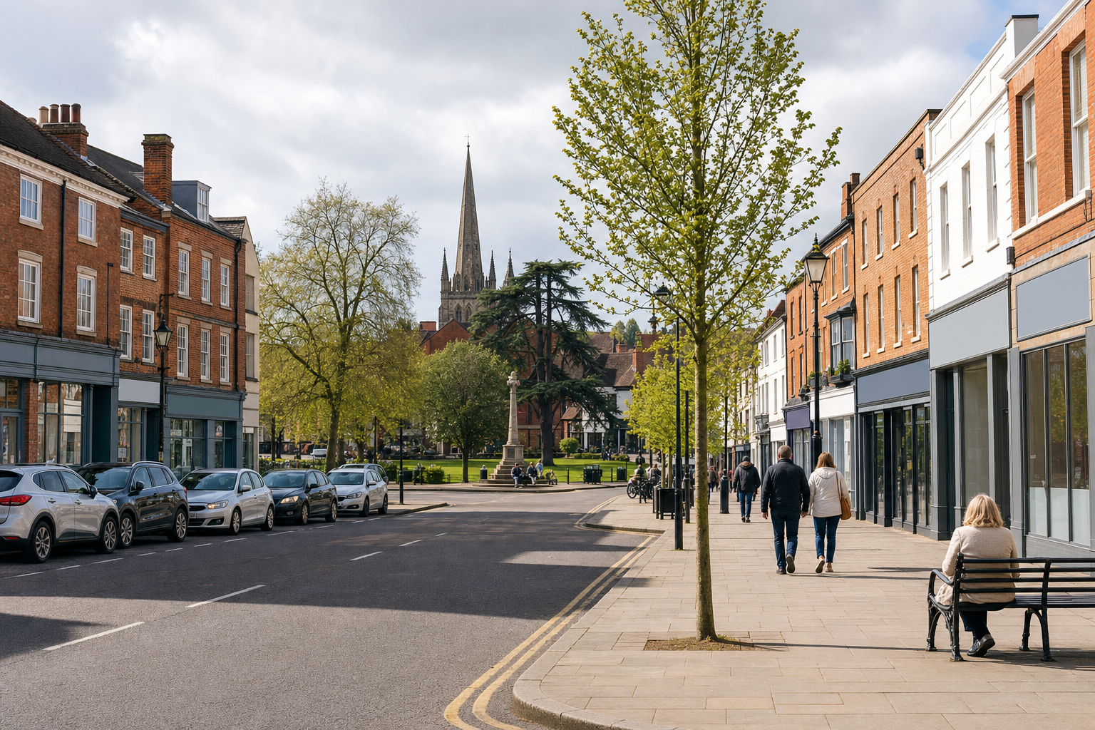 Tree-lined street with red-brick buildings, parked cars, and a distant church spire under a partly cloudy sky.