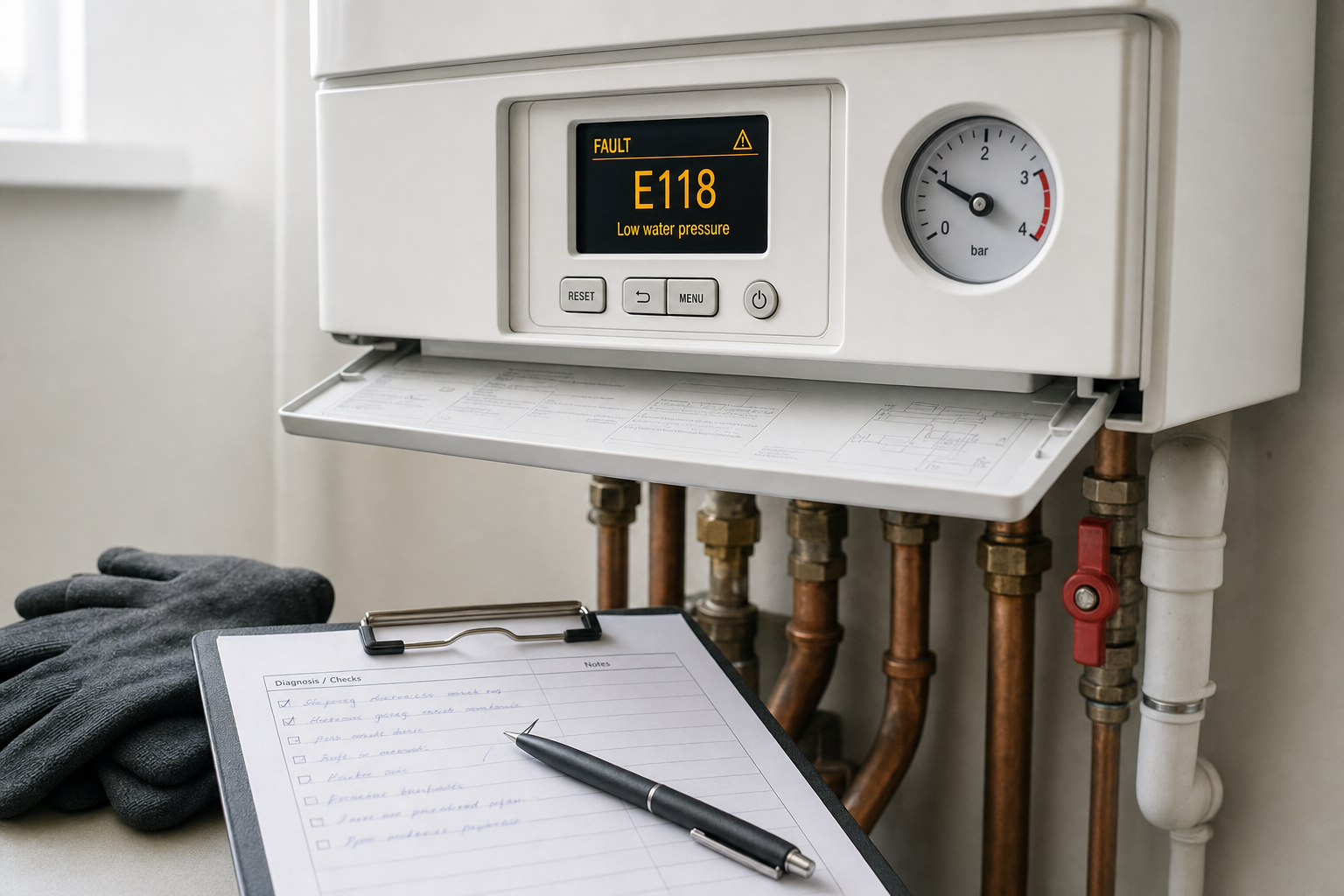 Boiler displaying fault code E118 for low water pressure, with control panel and checklist on a clipboard nearby.