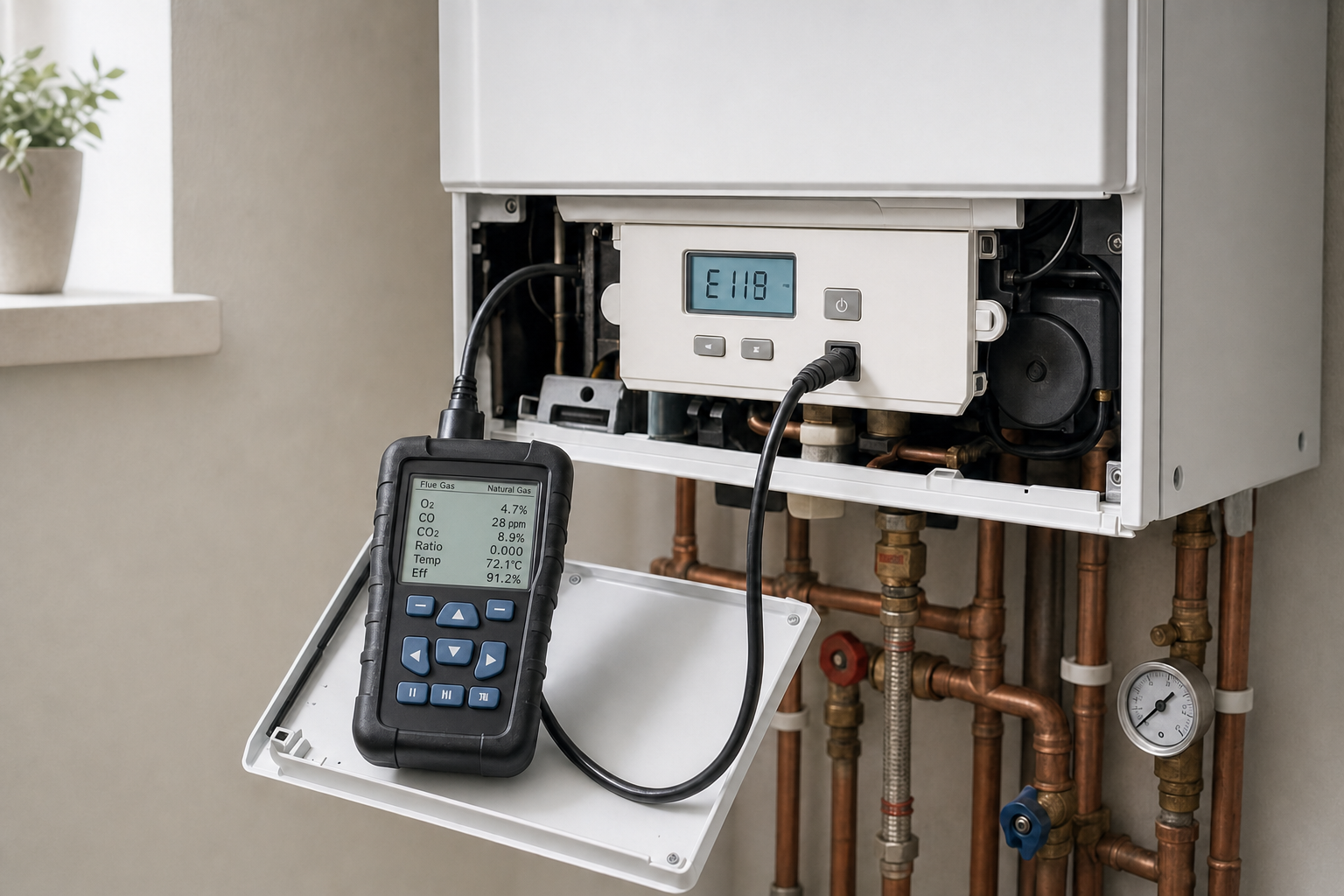 Gas boiler maintenance with readings displayed on an analyser connected to the unit.