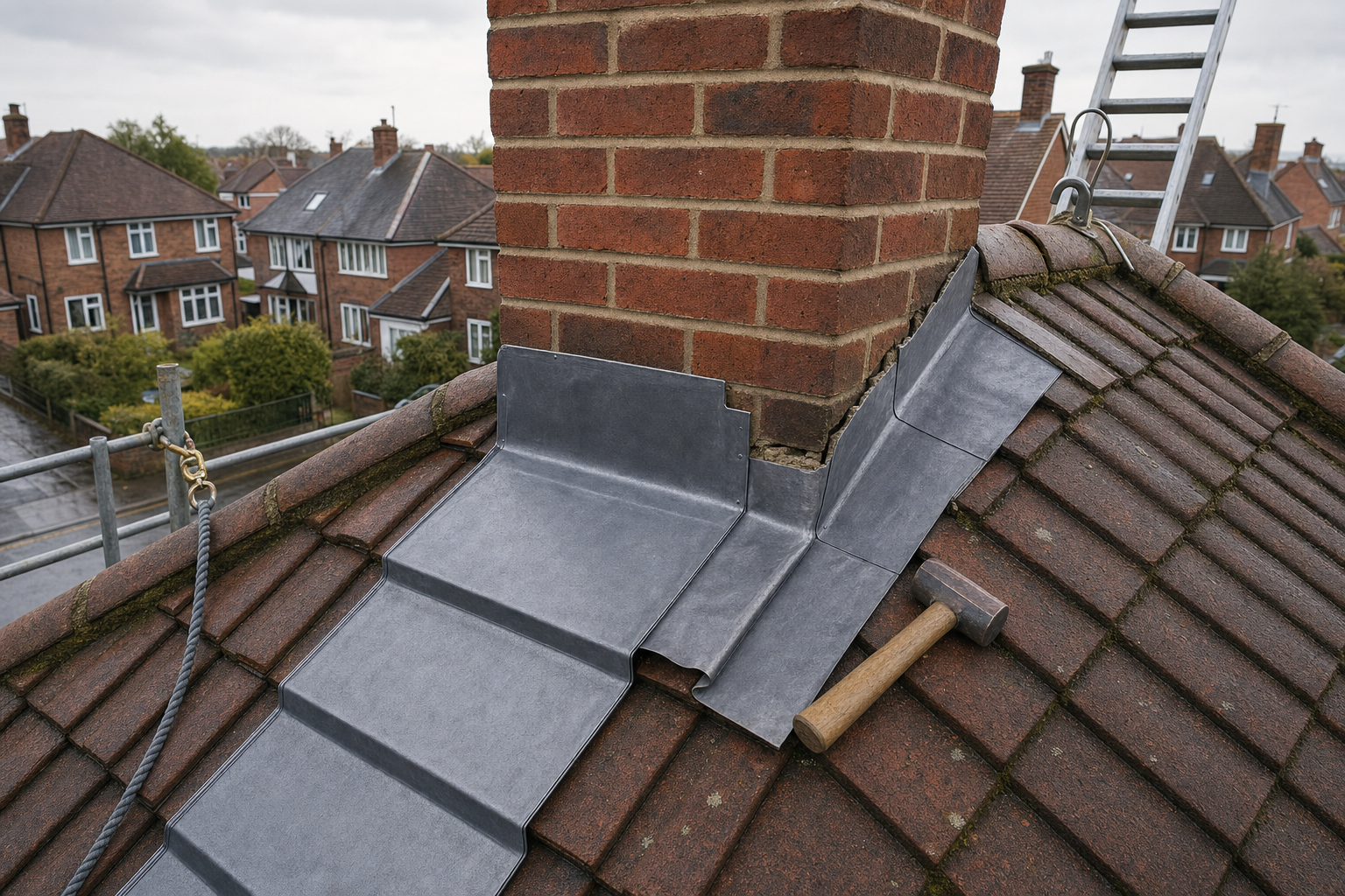 New lead flashing installed around a chimney on a tiled roof, with a hammer nearby.