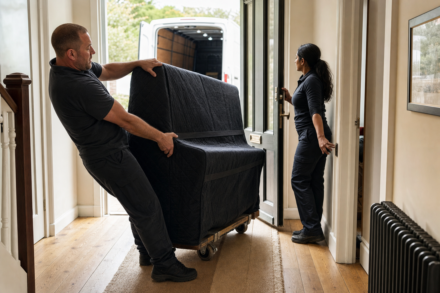 Two movers carry a wrapped sofa through a doorway while unloading a van.