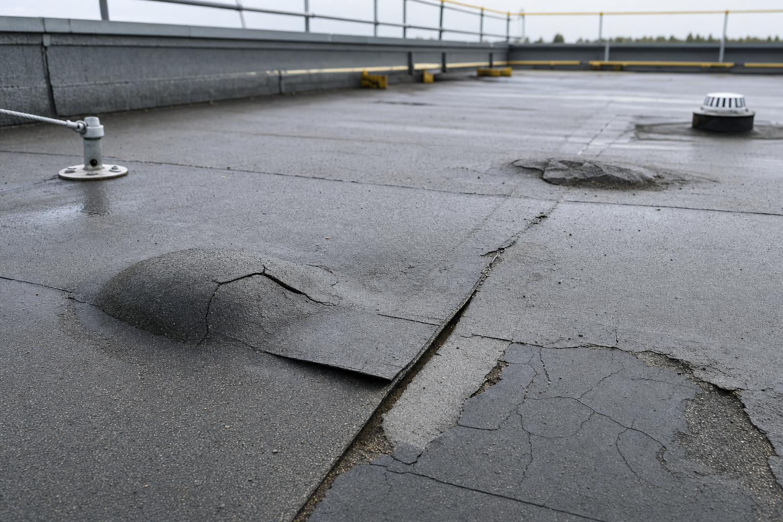 Weathered flat roof surface with visible cracks and blisters under overcast sky.