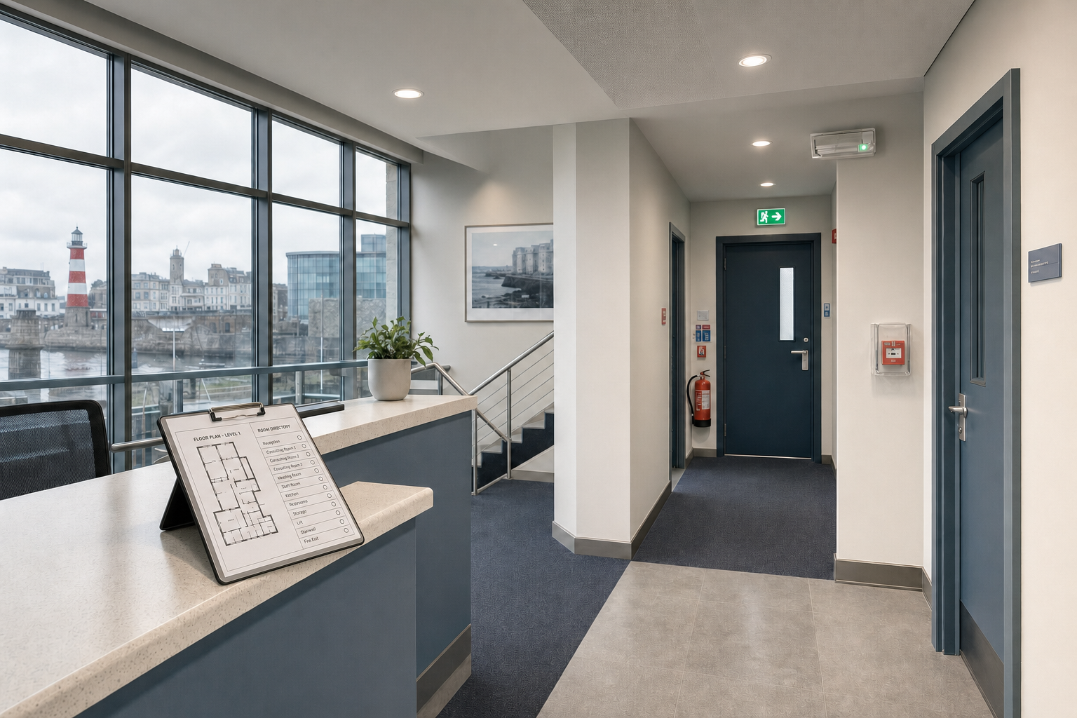 Modern office corridor with a floor plan on the counter, large windows, and a view of a lighthouse outside.