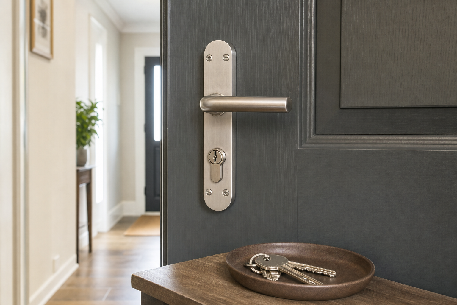 Close-up of a grey door with a metal handle, a keyhole, and keys on a wooden table in a hallway.