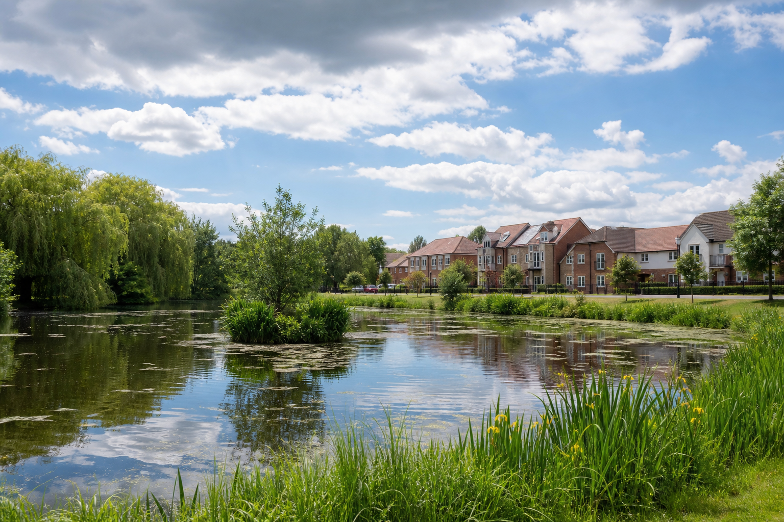 Pond with lush greenery and houses under a blue sky with clouds.