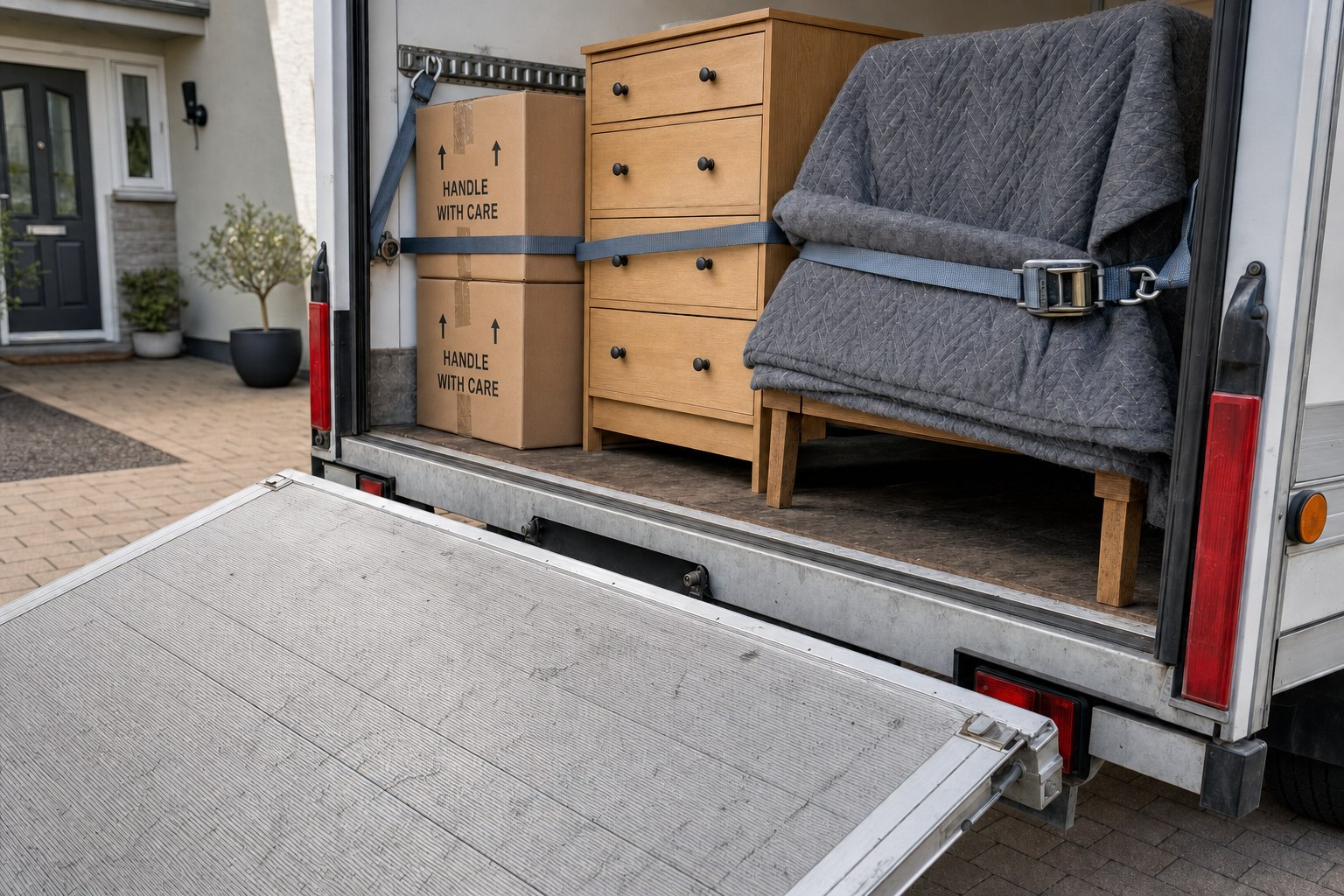 A removal van with a ramp, containing a chest of drawers, wrapped furniture, and labelled boxes.