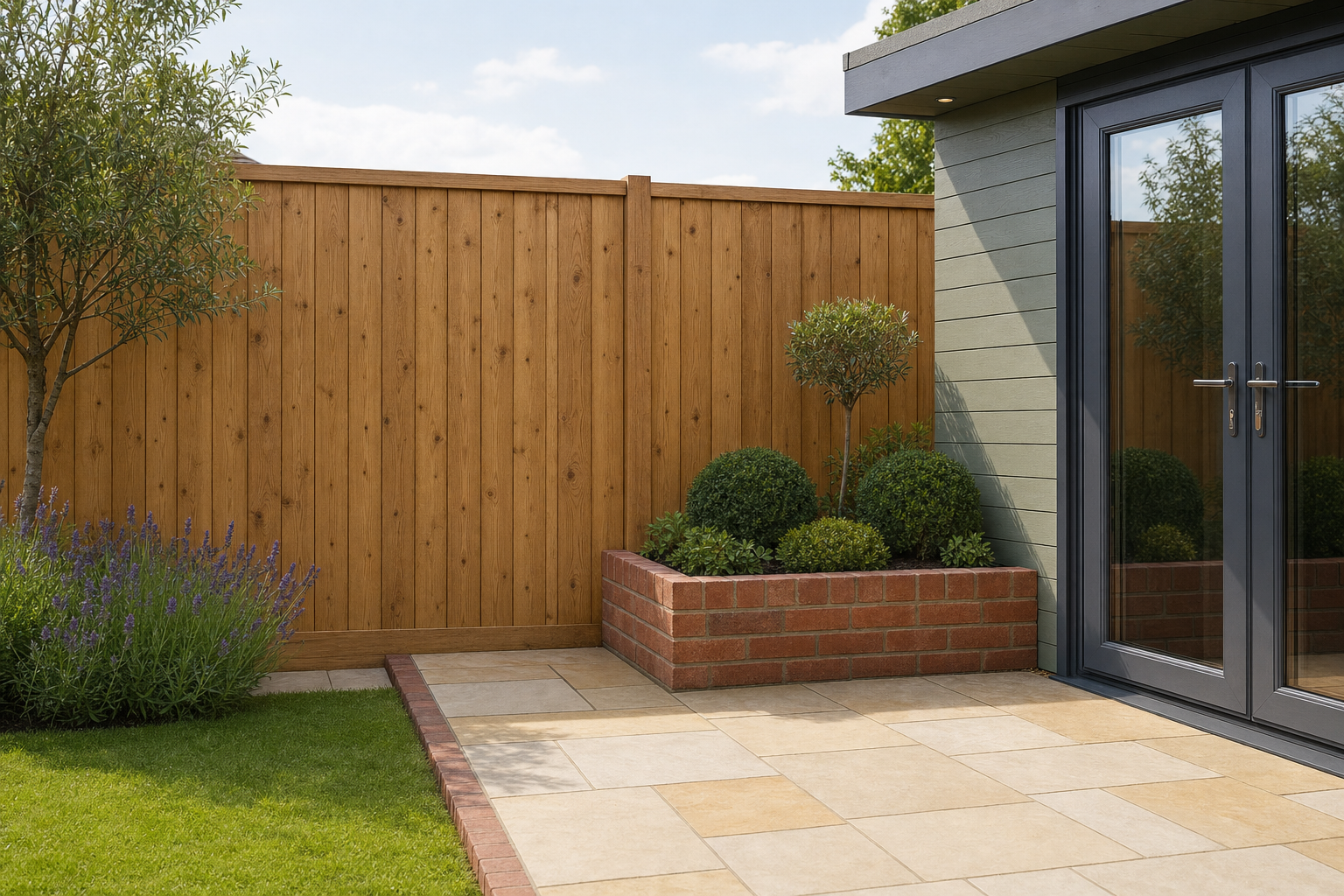 Modern garden with a wooden fence, paved patio, brick planter, and glass doors leading into a building.