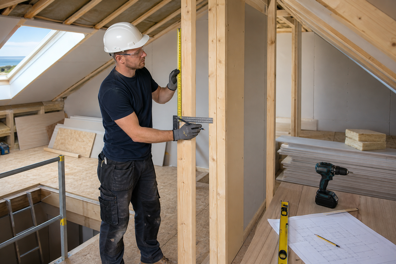 Construction worker measuring wood in an attic with tools and blueprints.