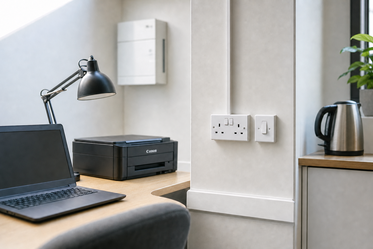 A modern home office setup with a laptop, printer, desk lamp, and kettle near electrical sockets on a wooden desk.