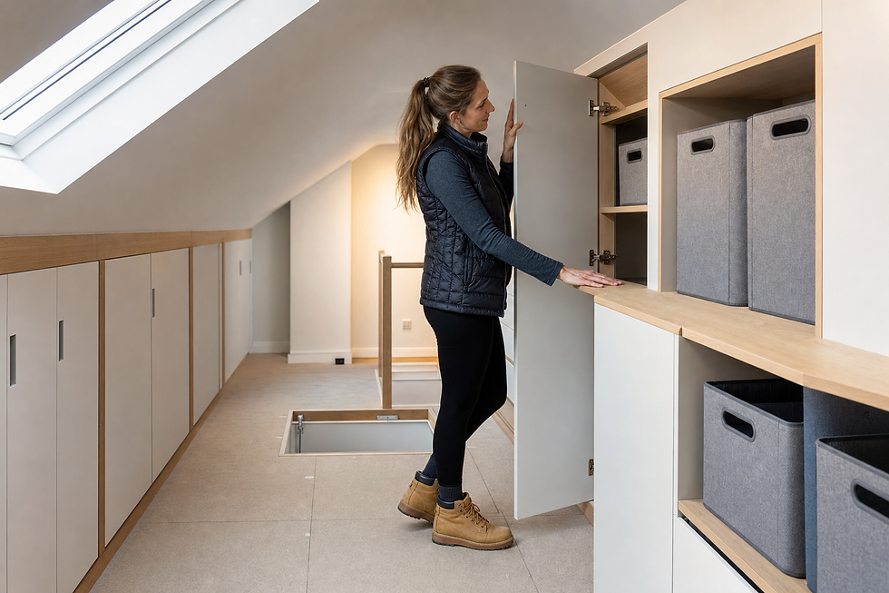 A woman in a loft storage space opens a cabinet door next to neatly arranged grey storage bins.