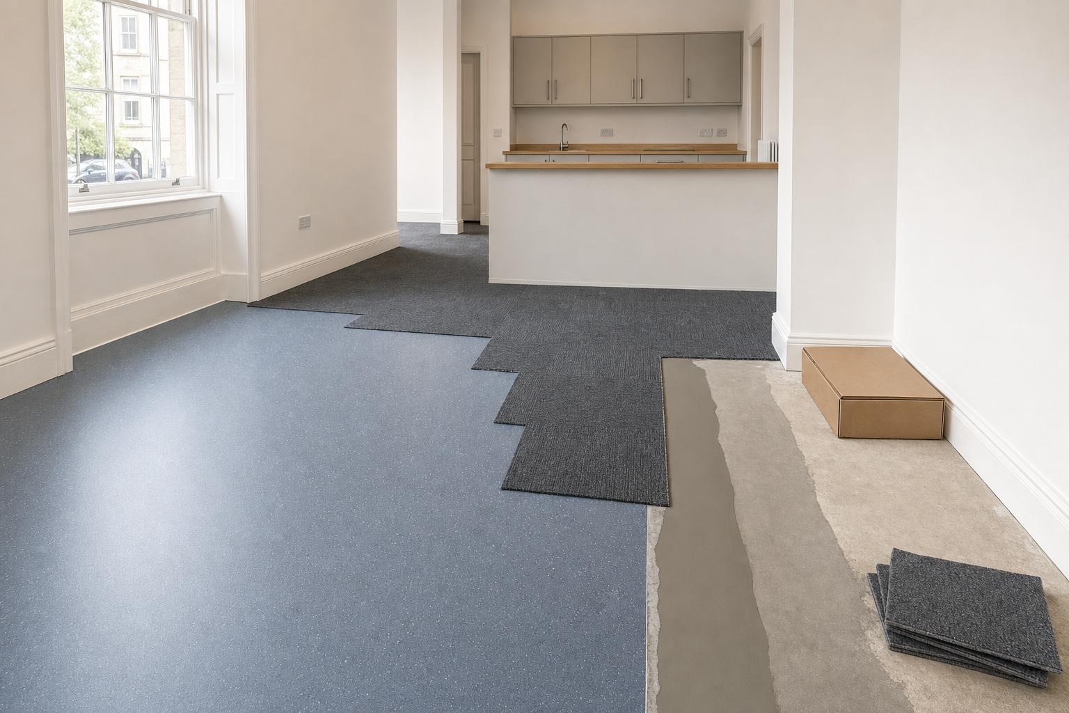 A modern kitchen and open space with grey carpet tiles partially installed over a blue and beige flooring.