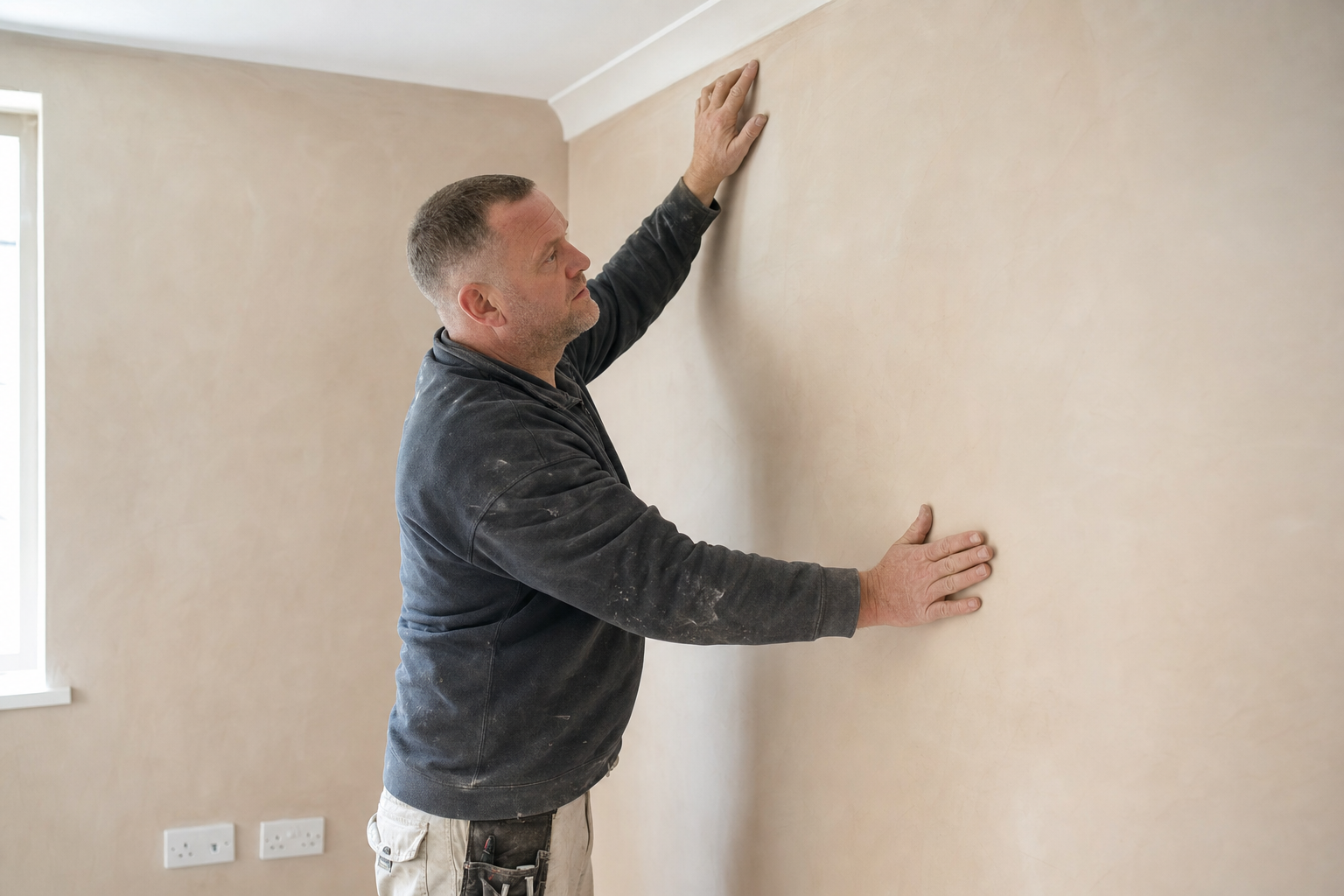 A man in a dark jumper inspecting a newly plastered beige wall in a well-lit room.