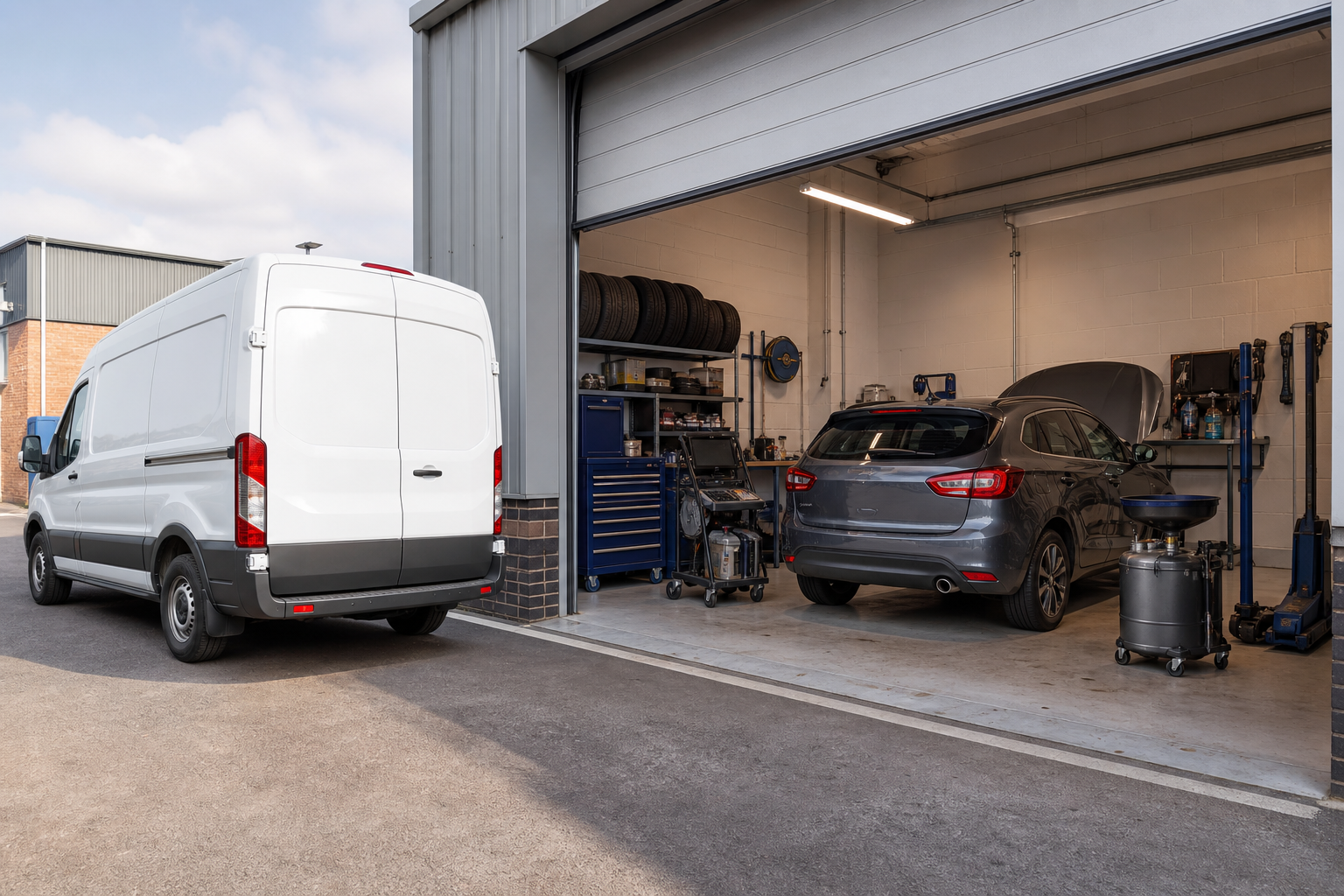 White van parked outside a garage where a gray car is being serviced.