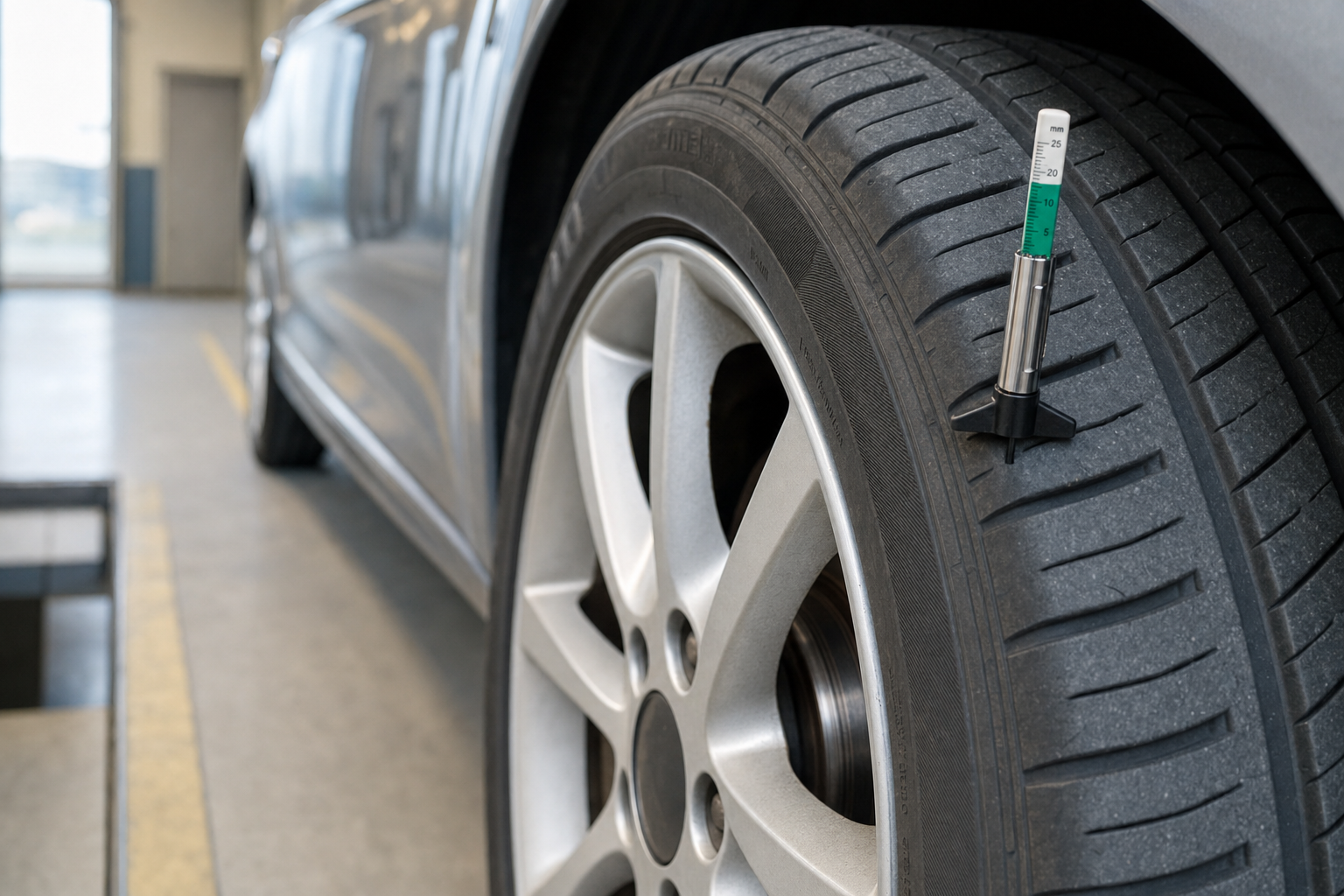 Tyre tread depth gauge inserted into car tyre, indicating measurement in a garage setting.