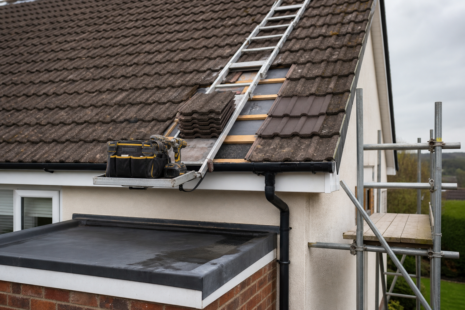 Roof repair in progress with ladder, toolbox, and scaffolding.