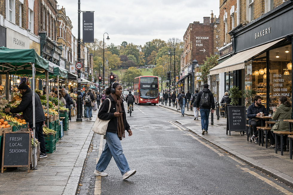 Busy street in Peckham with people shopping, a red double-decker bus, outdoor markets, and a bakery with seating.