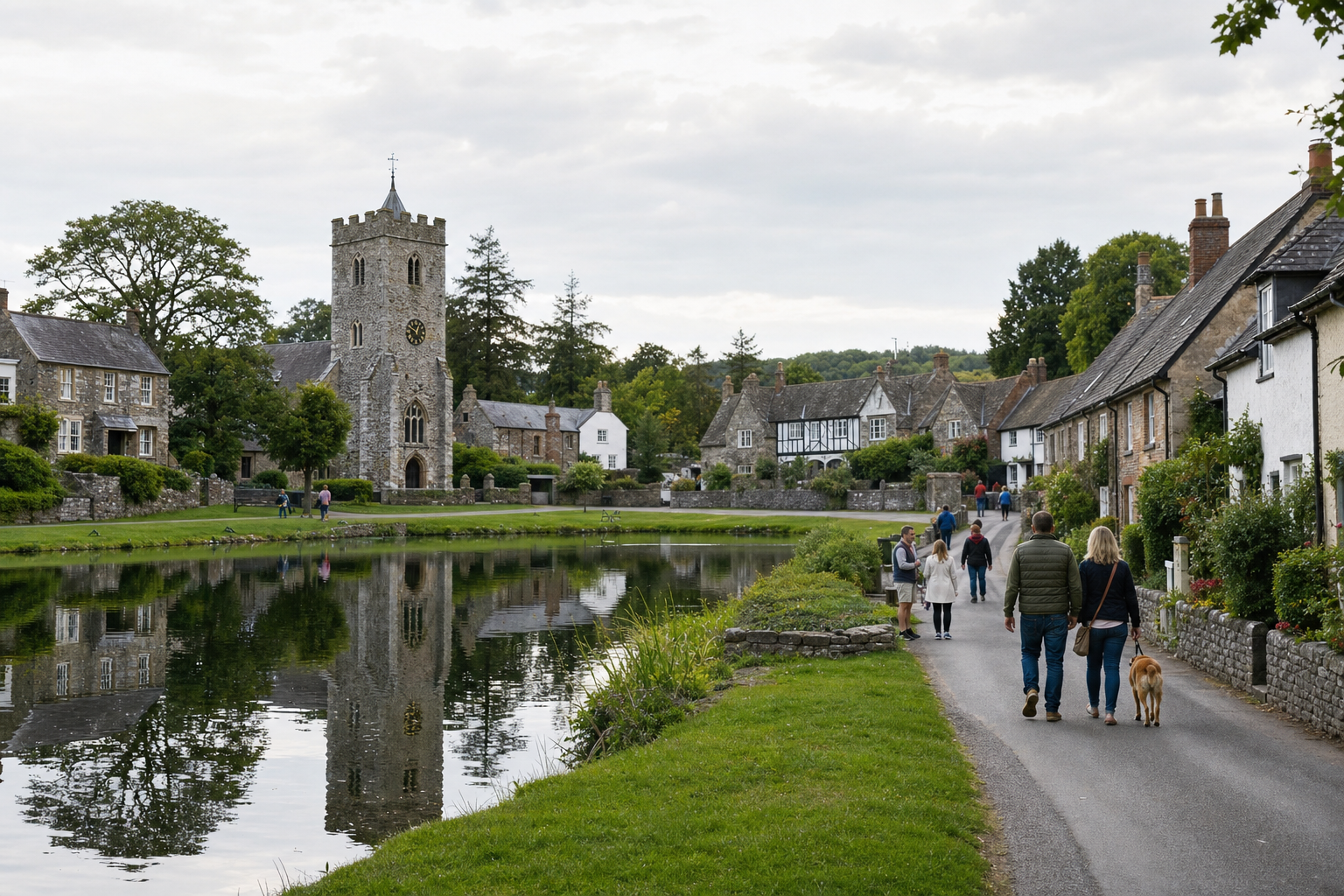 Village scene with a stone church, reflective pond, and people strolling along a path lined with quaint houses.