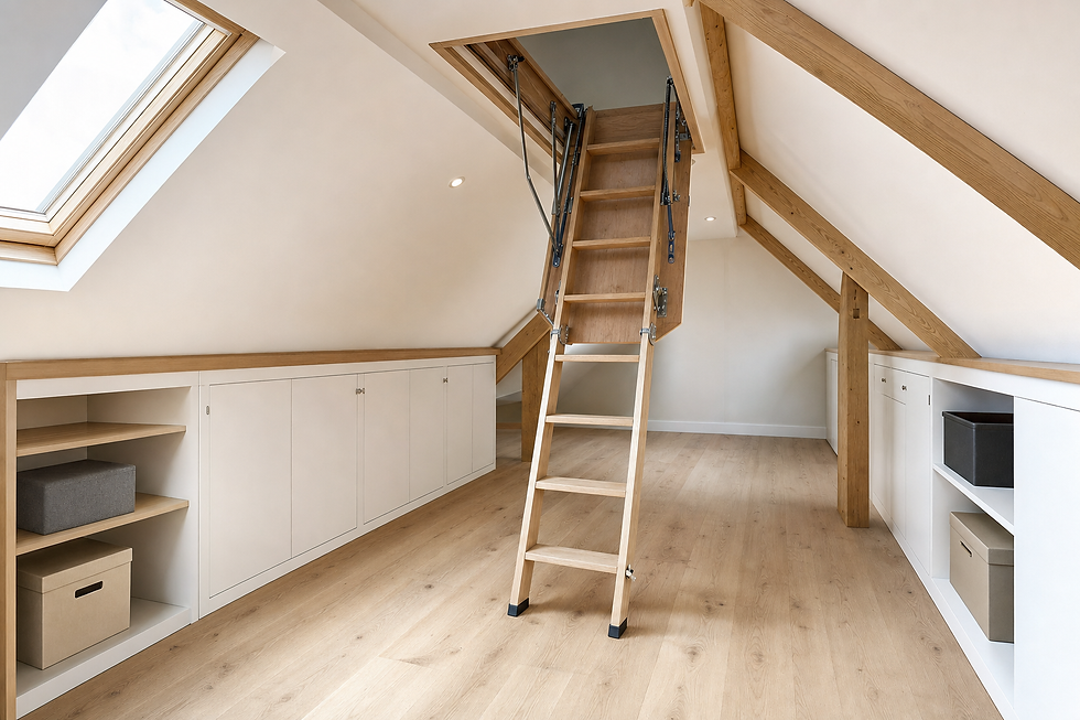 A modern attic space with wooden flooring, built-in storage, and an extended ladder to a roof hatch.