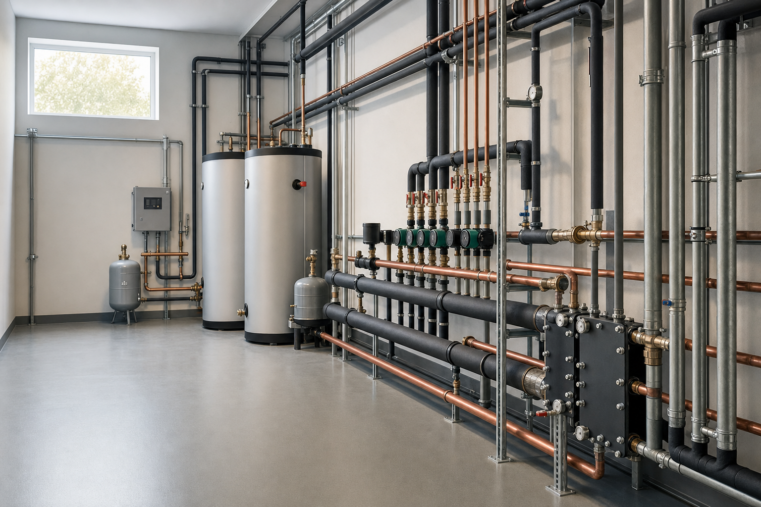 A well-organised boiler room with tanks, pipes, and gauges against a light-coloured wall.