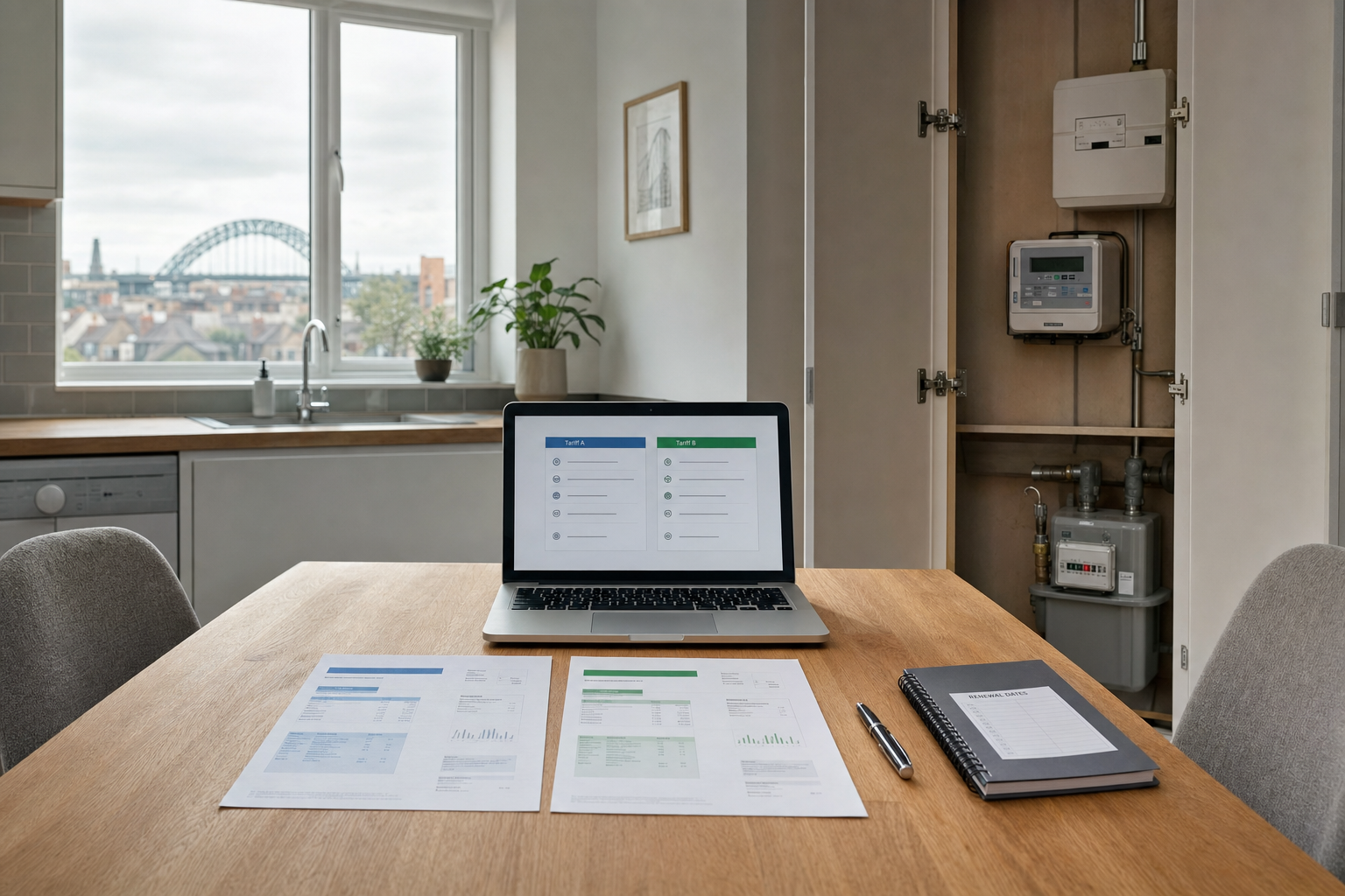 Laptop displaying tariffs on a table with documents and a pen, in a modern kitchen with a window view of a bridge.