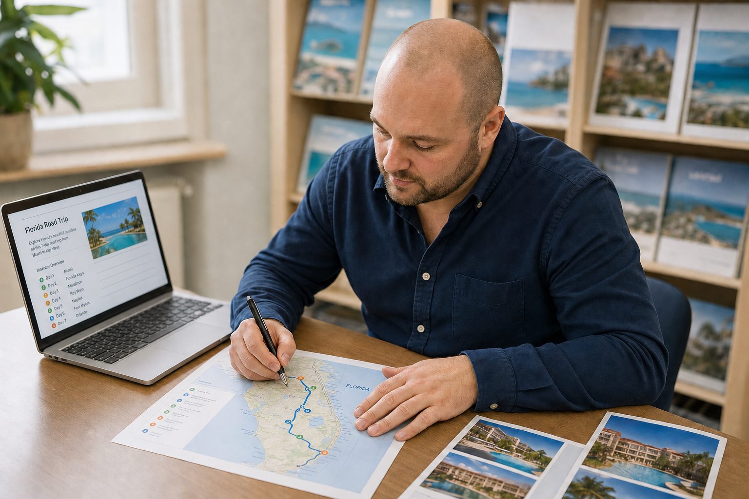 Man planning a Florida road trip at a desk with a laptop and map, surrounded by travel brochures.