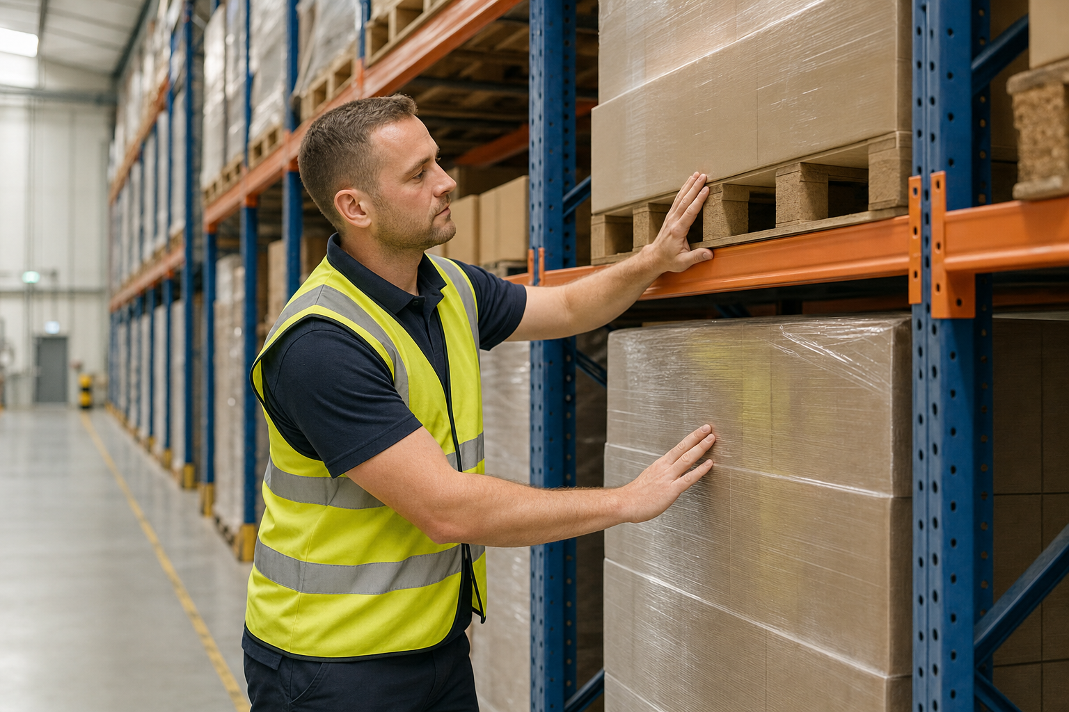 A warehouse worker in a hi-vis vest inspects a pallet of wrapped boxes on a metal shelving unit.
