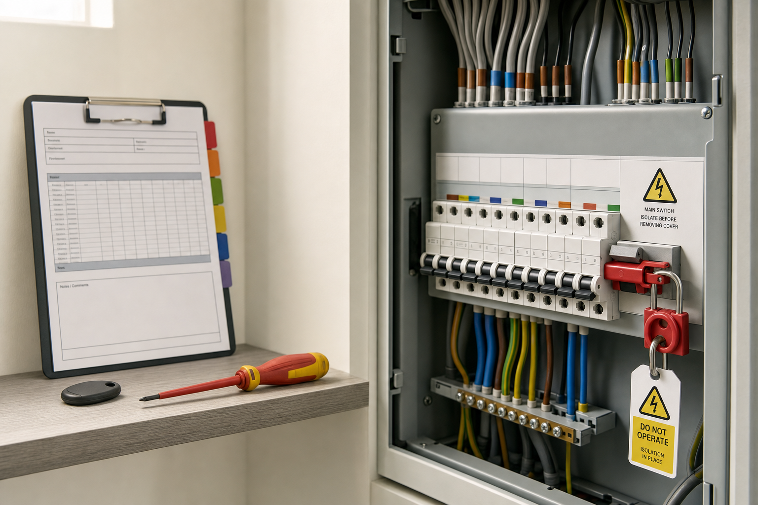Open electrical panel with labelled wires, a warning sign, and a locked switch beside a clipboard and screwdriver.