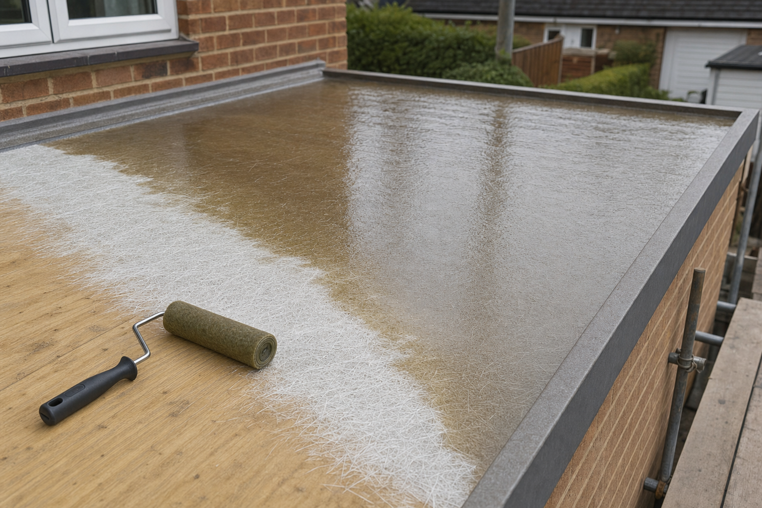 Fibreglass flat roof with a roller partly covering it in resin next to a brick building.