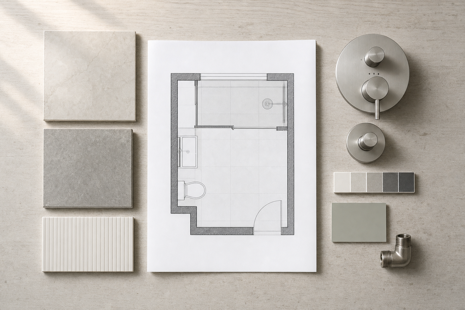 Bathroom layout plan surrounded by sample tiles, metal fittings, and a colour palette on a light wood surface.