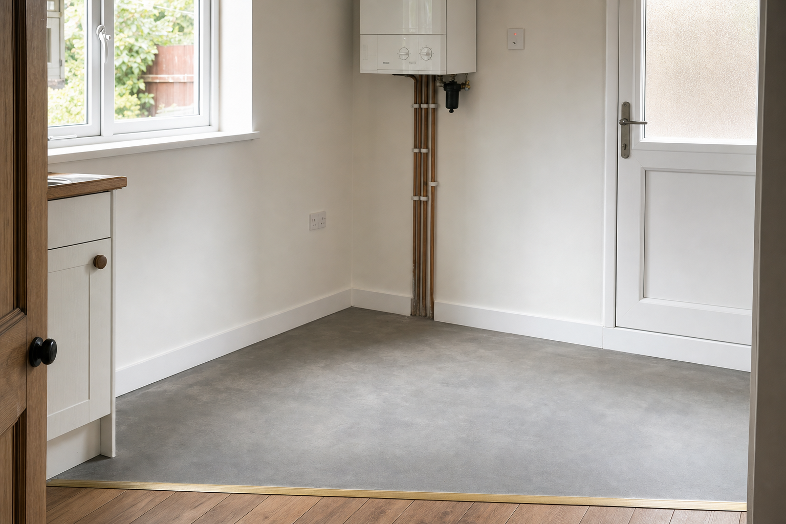 A modern, unfurnished room with a boiler on the wall and a closed white door.