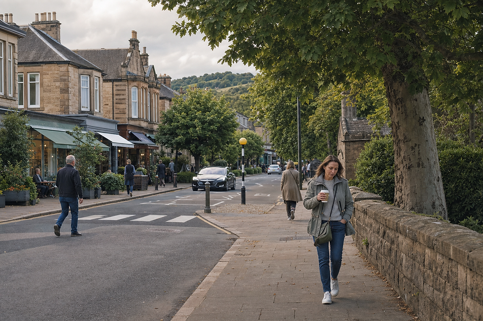 Woman walking with a coffee cup along a quaint, tree-lined British street with shops and pedestrians.