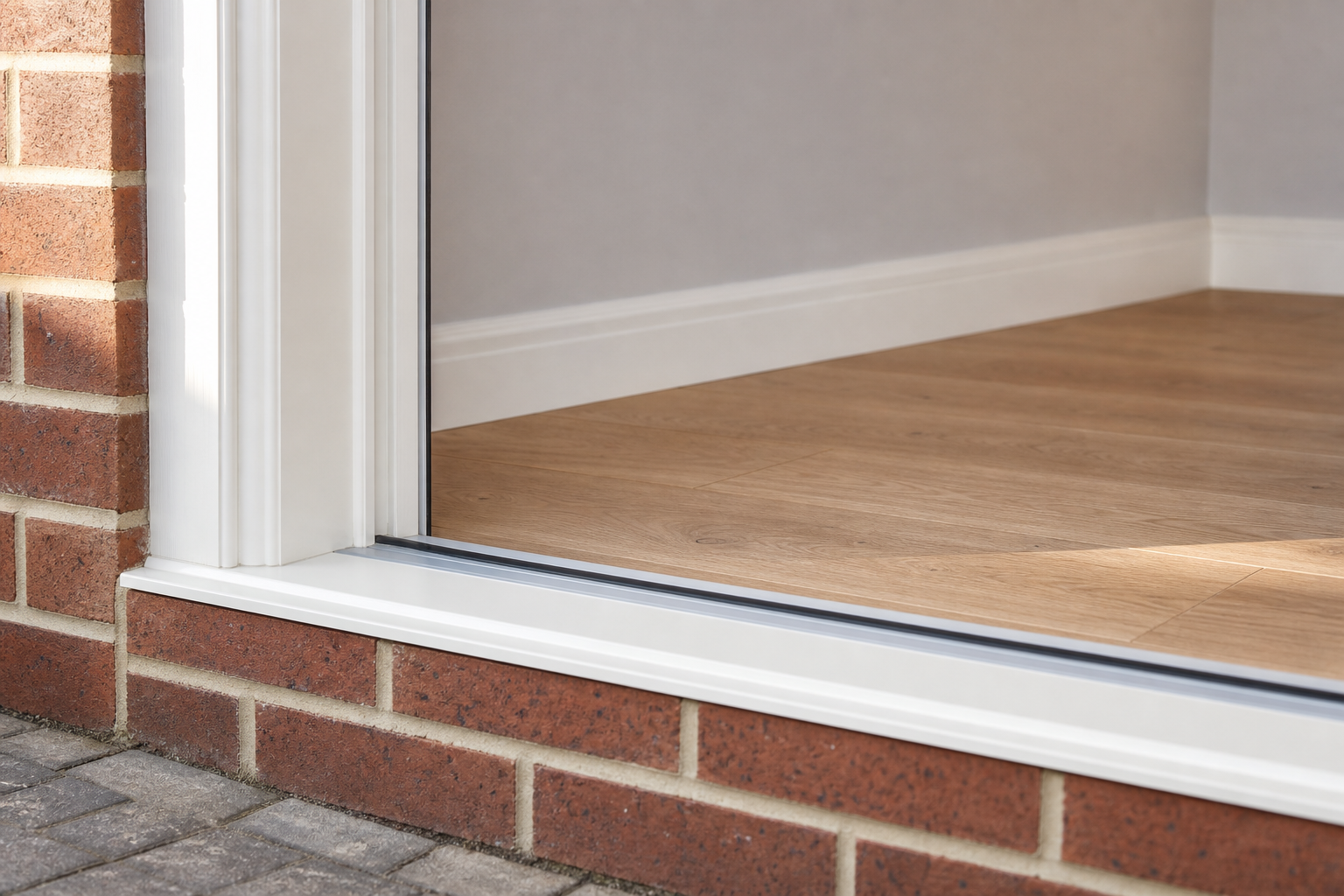 Open doorway with seamless transition between brick exterior and wooden interior flooring.