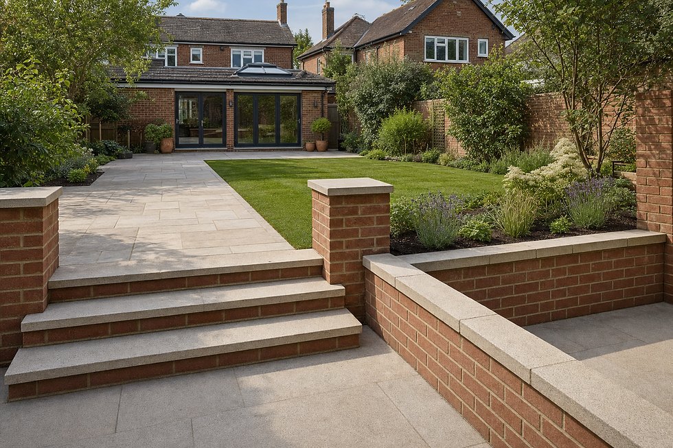 Landscaped garden with a neat lawn, paved patio, and red brick house in the background on a sunny day.