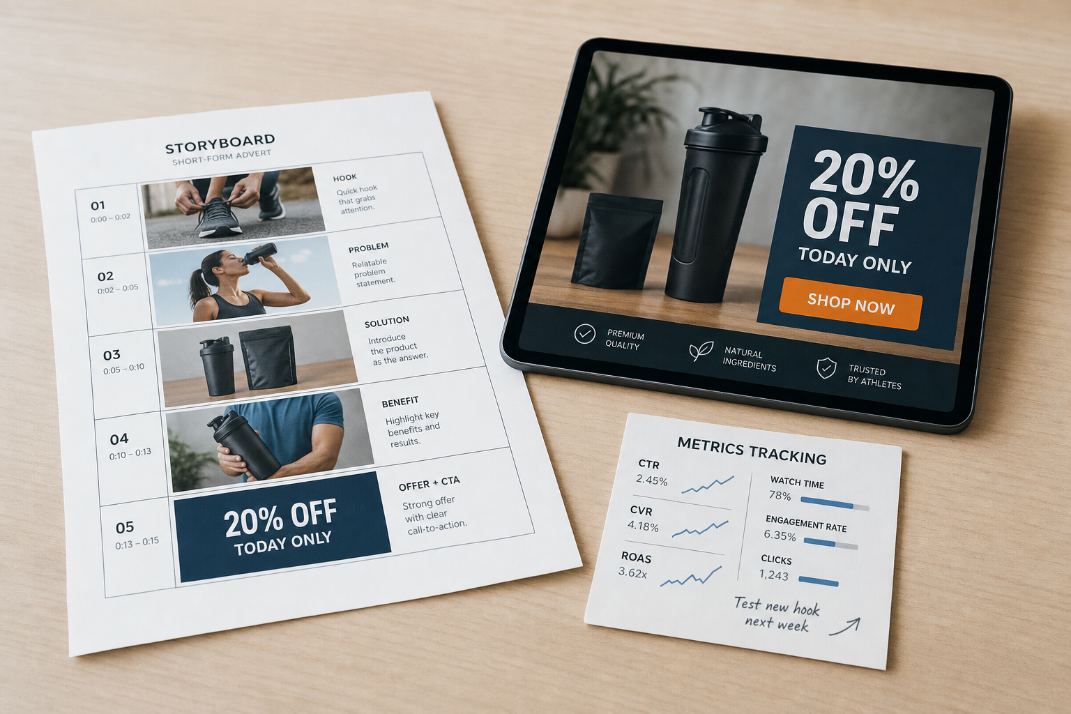 Storyboard and metrics tracking sheets next to a tablet displaying a shaker bottle advert with a 20% discount offer.