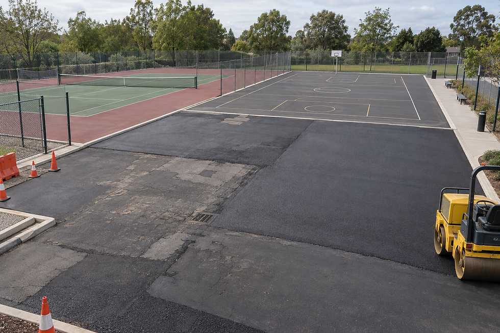 A freshly paved path with construction cones leads to adjacent tennis and basketball courts surrounded by trees.