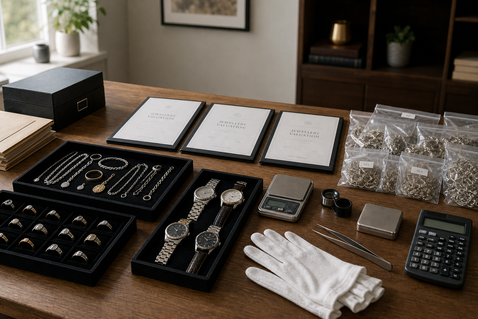 Jewelry and watches displayed with valuation documents, scale, gloves, and calculator on a wooden table.