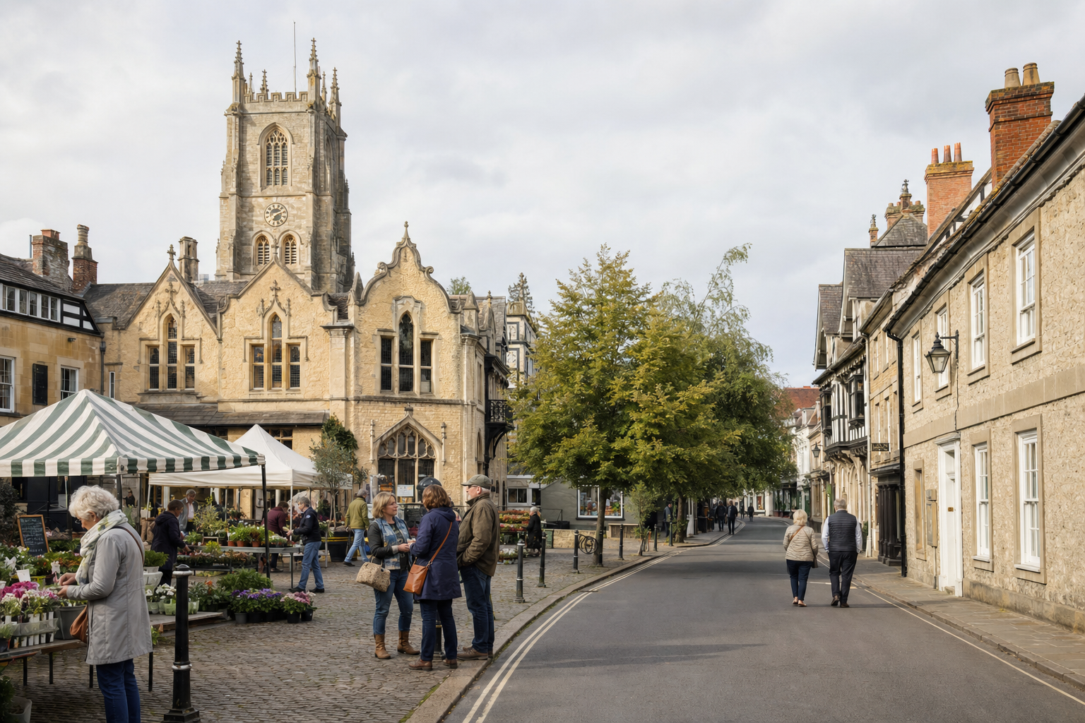 A quaint town scene with people browsing a market near a historic stone building and clock tower.
