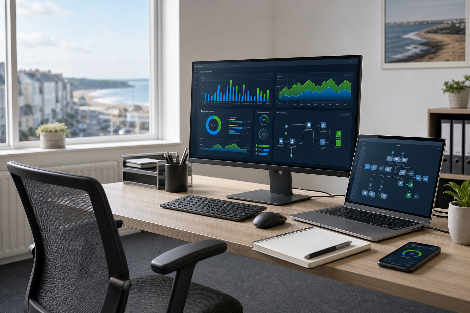 Modern office desk setup with dual screens displaying data analytics, notebook, plant, and window view of seaside town.
