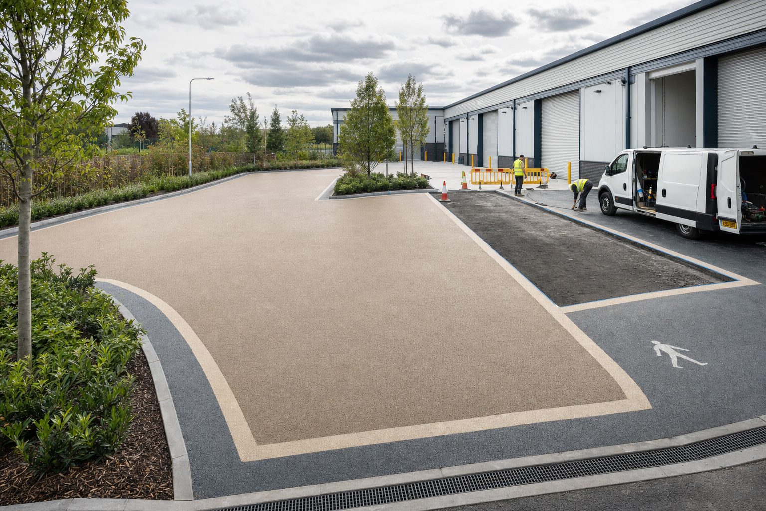 Newly paved industrial site with workers and a white van near large warehouse buildings.