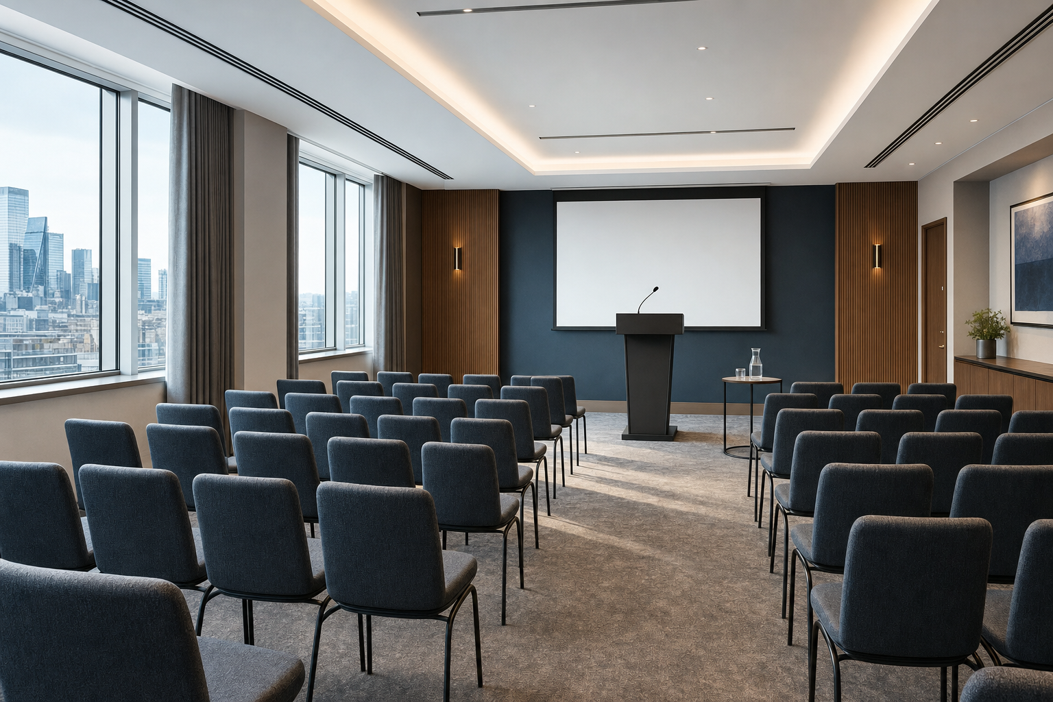 A modern conference room with rows of chairs facing a lectern and large screen, set against a skyline view.