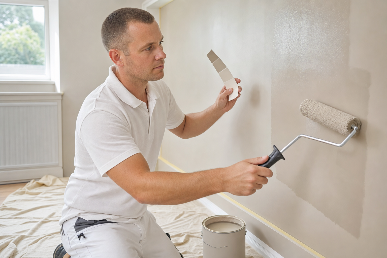 A man kneels while painting a wall using a roller and compares paint swatches for the best colour match.